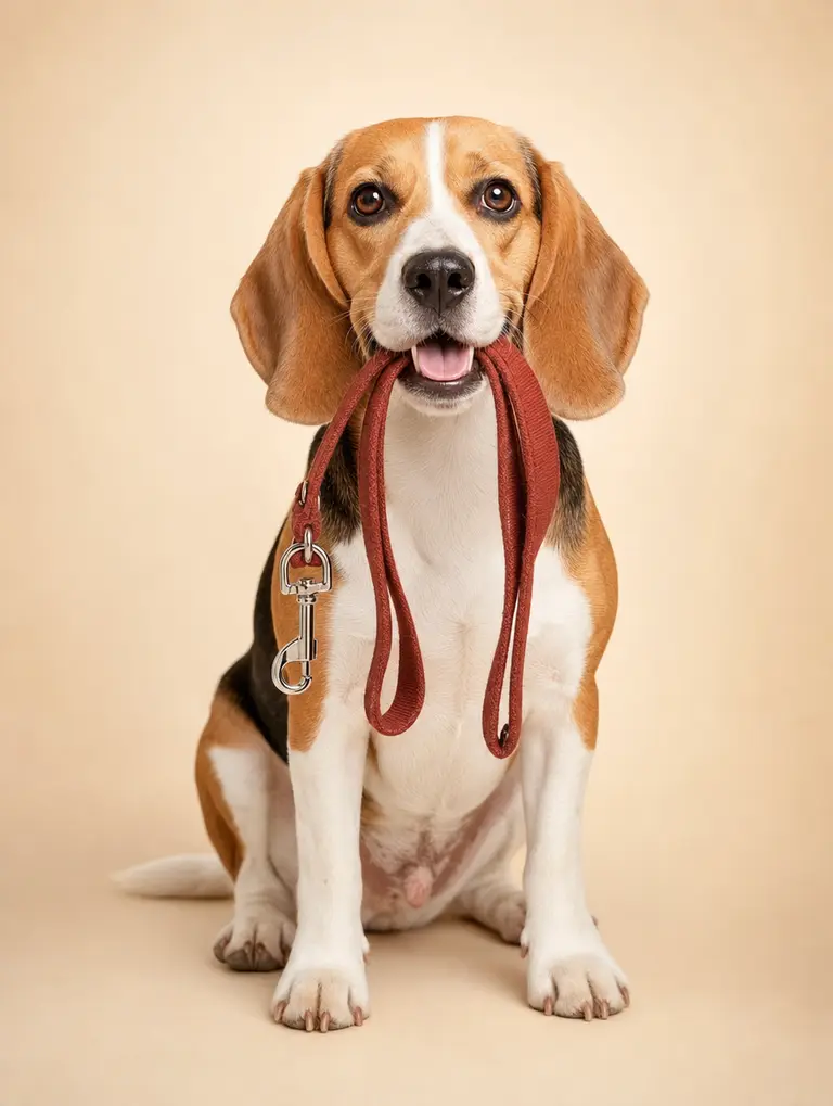 Beagle holding its lead, ready for a walk