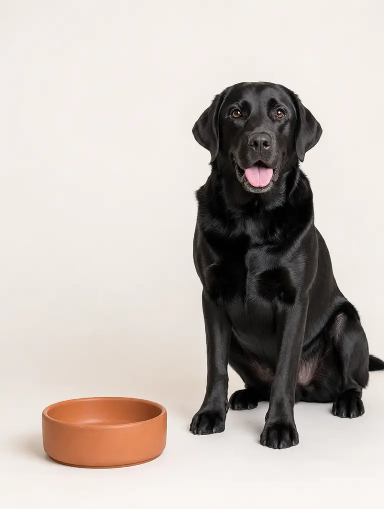 Black labrador sitting by its food bowl