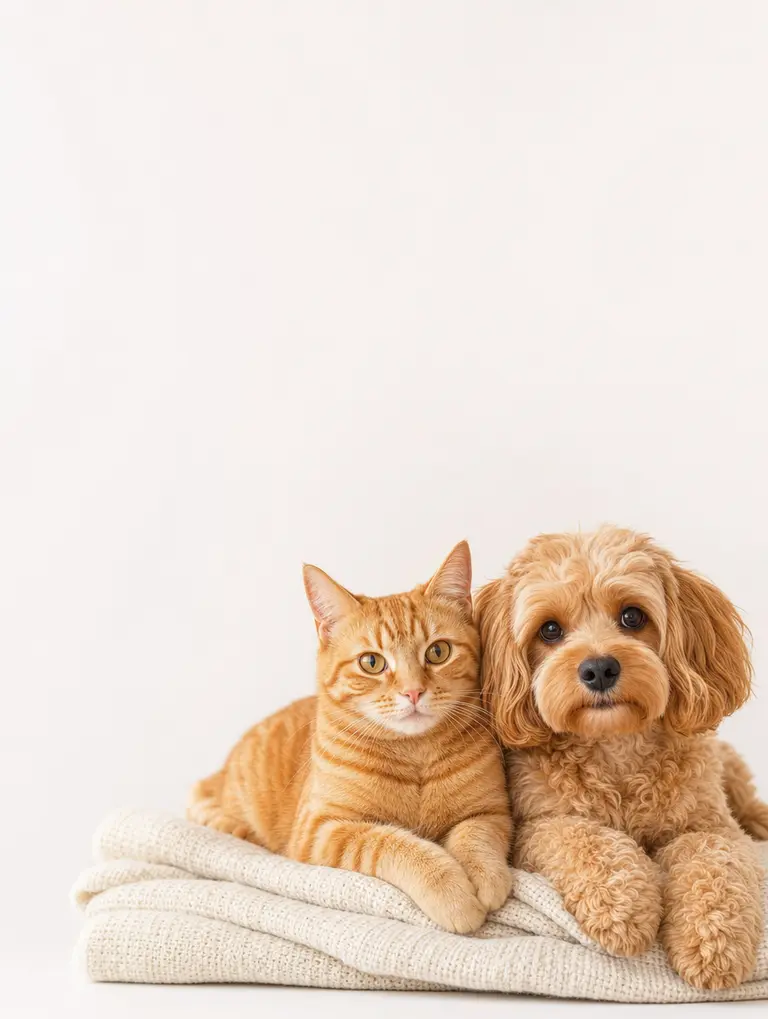 Ginger tabby cat and cavapoo resting together on a knitted blanket